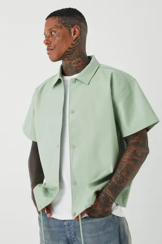Men's Short Sleeve Pu Boxy Dropped Shoulder Shirt - Green - M, Green