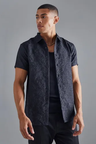 Men's Short Sleeve Raised Textured Smart Shirt - Black - L, Black
