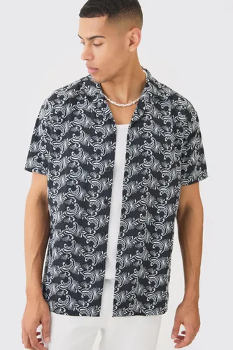 Men's Short Sleeve Revere Oversized Embroidered Geo Shirt - Black - S, Black