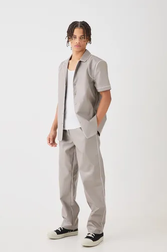 Men's Short Sleeve Revere Piped Pu Shirt & Trouser Set - Grey - S, Grey