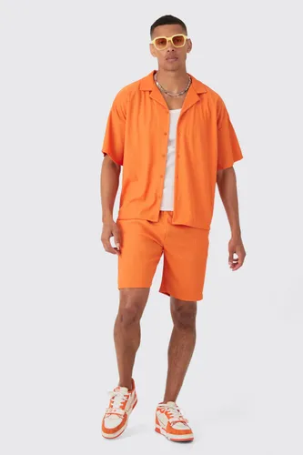 Men's Short Sleeve Ribbed Boxy Shirt & Short Set - Orange - S, Orange