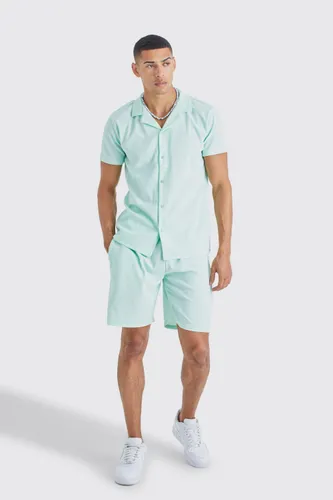 Men's Short Sleeve Ribbed Shirt And Short Set - Green - S, Green