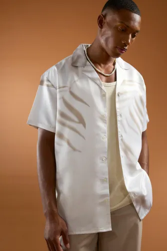 Men's Short Sleeve Satin Oversized Leaf Shirt - Cream - S, Cream