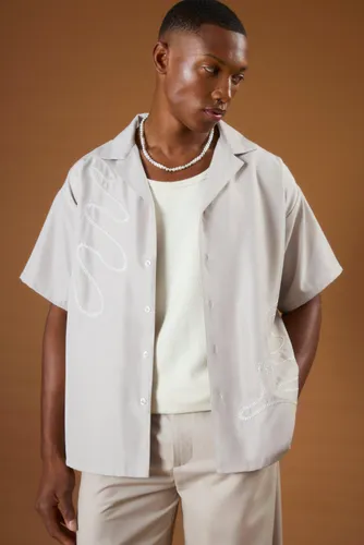 Men's Short Sleeve Satin Oversized Monogram Shirt - White - L, White