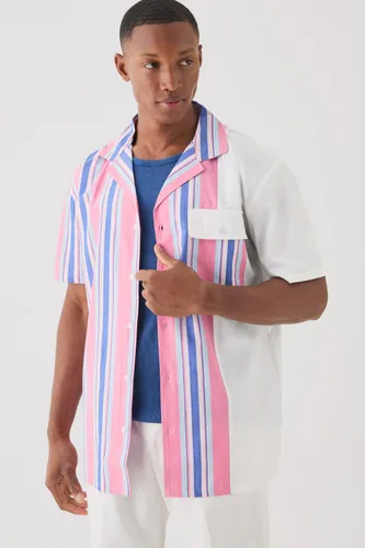 Men's Short Sleeve Spliced Stripe Shirt - Pink - S, Pink