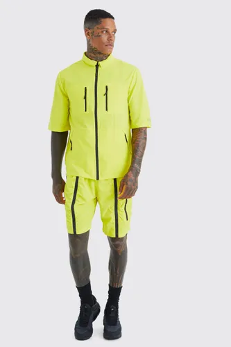 Men's Short Sleeve Technical Utility Shirt & Short Set - Yellow - L, Yellow