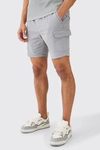 Mens Skinny Fit Elasticated Waist Cargo Shorts in Grey, Grey