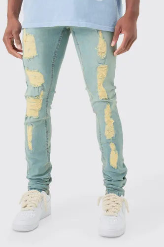 Mens Skinny Stacked Distressed Ripped Jeans In Antique Blue, Blue