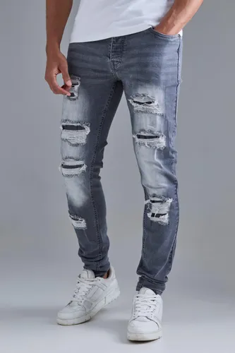 Mens Skinny Stacked Distressed Ripped Jeans In Grey, Grey
