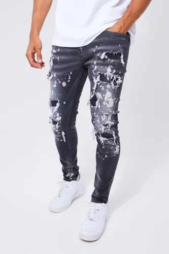 Men's Skinny Stetch All Over Ripped Bleached Jeans - Grey - 32, Grey