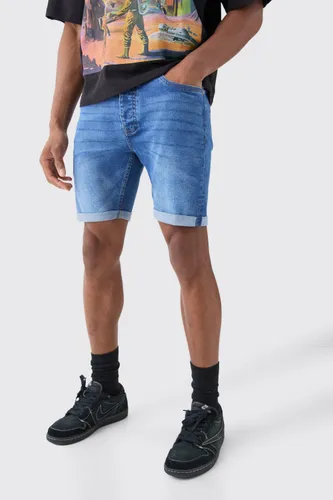 Men's Skinny Stretch Denim Shorts In Mid Blue - 28, Blue