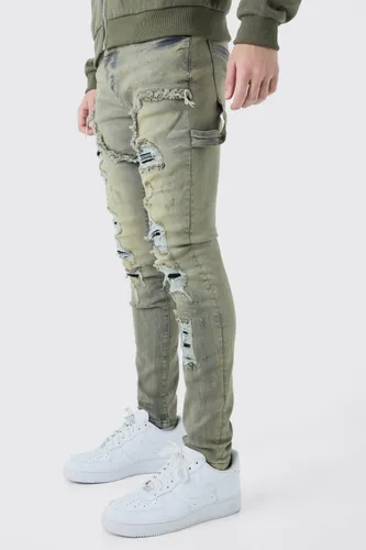 Mens Skinny Stretch Multi Rip Carpenter Jeans In Antique Grey, Grey