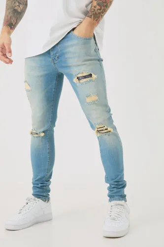 Men's Skinny Stretch Ripped Bandana Jeans In Light Blue - 28R, Blue