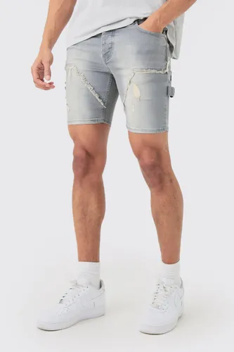 Men's Skinny Stretch Ripped Carpenter Denim Shorts In Antique Grey - 28, Grey