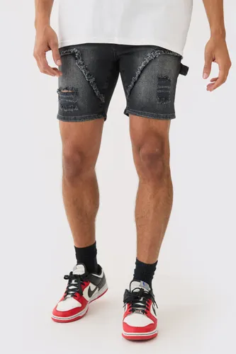 Men's Skinny Stretch Ripped Carpenter Denim Shorts In Washed Black - 28, Black