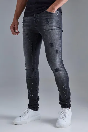 Men's Skinny Stretch Stacked Ripped Carpenter Zip Hem Jeans In Black - 28R, Black