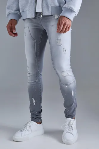 Men's Skinny Stretch Stacked Ripped Carpenter Zip Hem Jeans In Grey - 28R, Grey