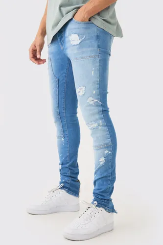 Mens Skinny Stretch Stacked Ripped Carpenter Zip Hem Jeans In Light Blue, Blue