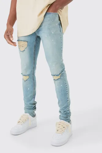 Men's Skinny Stretch Stacked Ripped Paint Splatter Jeans In Ice Blue - 28R, Blue
