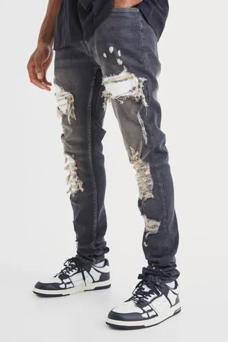 Men's Skinny Stretch Stacked White Pu Biker Rip & Repair Jeans - Grey - 30R, Grey