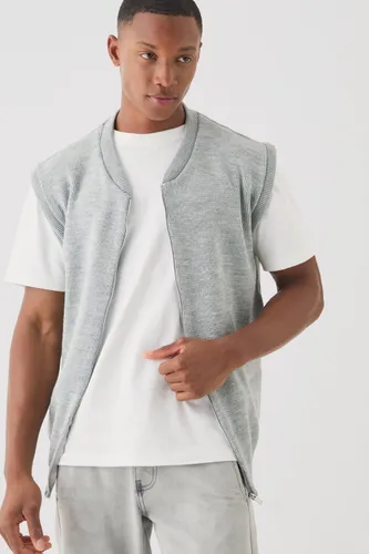 Men's Sleeveless Knitted Zip Through Bomber - Grey - S, Grey