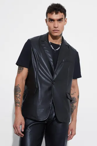 Men's Sleeveless Pu Single Breasted Suit Jacket - Black - 36, Black