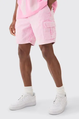 Men's Slim Elasticated Waist Acid Wash Corduroy Cargo Short In Pink - 28, Pink