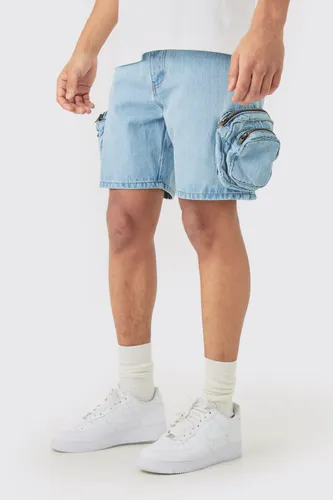 Mens Slim Fit 3d Cargo Pocket Denim Shorts In Light Blue, Blue