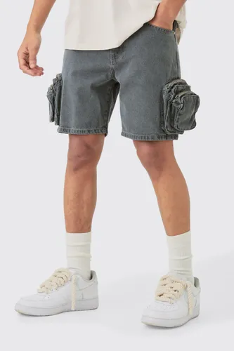 Mens Slim Fit 3d Cargo Pocket Denim Shorts In Light Grey, Grey