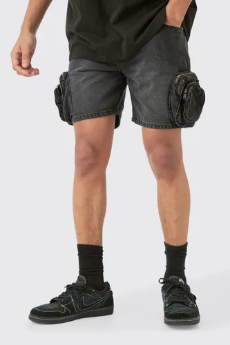 Men's Slim Fit 3D Cargo Pocket Denim Shorts In Washed Black - 30, Black