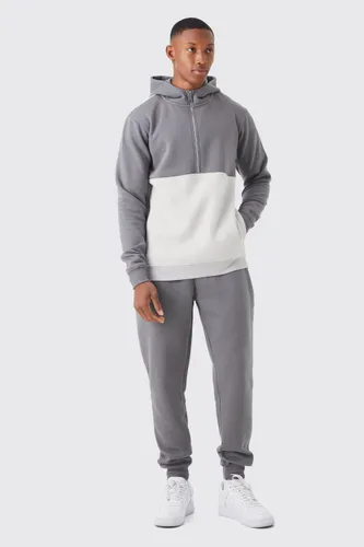 Men's Slim Fit Colour Block Half Zip Tracksuit - Grey - M, Grey
