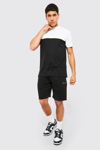 Men's Slim Fit Colour Block Short Set With Piping - Black - M, Black