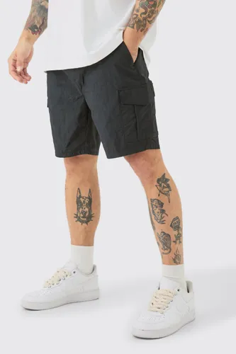 Men's Slim Fit Elasticated Waist Nylon Cargo Shorts - Black - S, Black