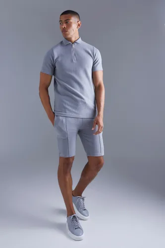 Men's Slim Fit Jacquard Zip Polo & Short Set - Grey - M, Grey