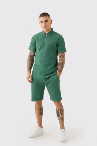 Men's Slim Fit Waffle Polo & Short Set - Green - S, Green