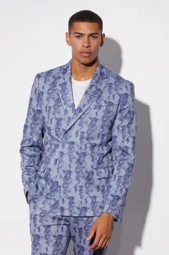 Men's Slim Fit Wrap Dragon Printed Suit Jacket - Blue - 36, Blue
