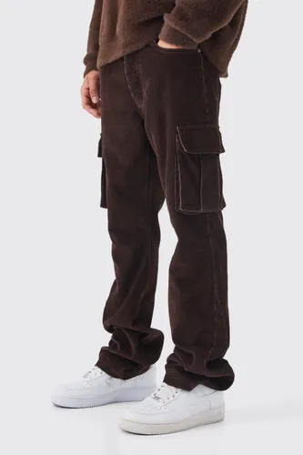 Men's Slim Flare Acid Wash Cargo Corduroy Trouser - Brown - 28R, Brown