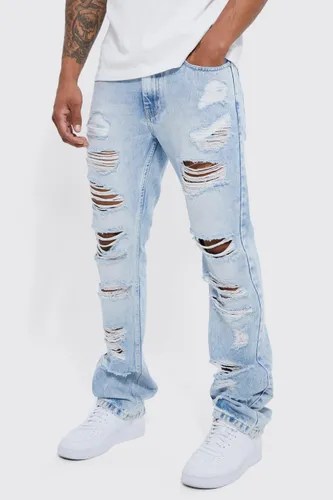 Men's Slim Flare Jeans With All Over Rips - Blue - 28, Blue