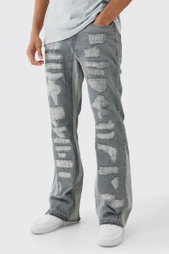 Mens Slim Flare Rigid All Over Rip & Repaired Jeans In Antique Grey, Grey