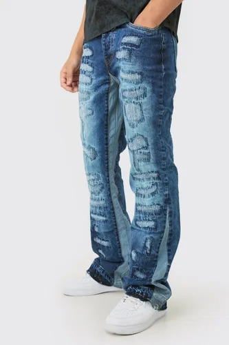 Men's Slim Flare Rigid All Over Rip & Repaired Jeans In Indigo - Blue - 28R, Blue