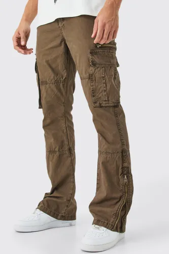 Men's Slim Flare Zip Gusset Overdye Acid Wash Cargo Trouser - Brown - 28, Brown