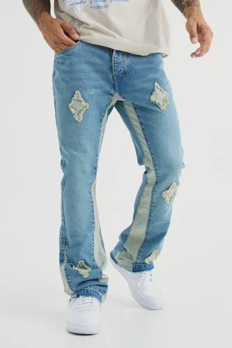 Men's Slim Rigid Flare Applique Panel Jeans - Blue - 28R, Blue