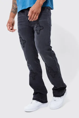 Men's Slim Rigid Flare Cross Applique Jean - Black - 30S, Black