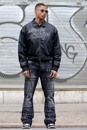 Men's Slim Rigid Flare Embellished Strap Detail Jeans In Charcoal - Grey - 28R, Grey