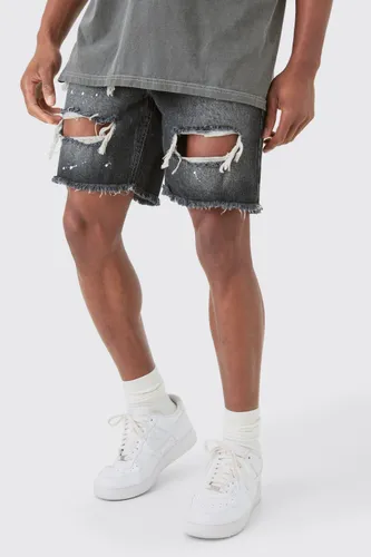 Men's Slim Rigid Ripped Paint Splatter Denim Shorts In Grey - 28, Grey