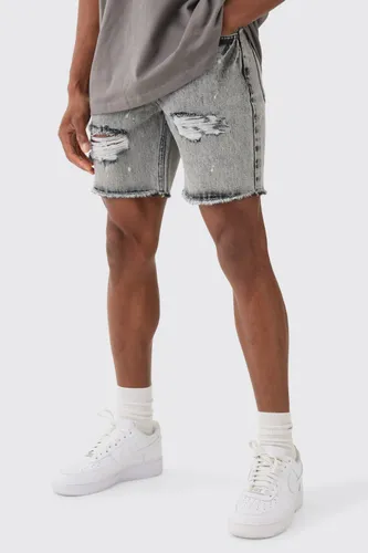 Men's Slim Rigid Ripped Paint Splatter Denim Shorts In Ice Grey - 28, Grey
