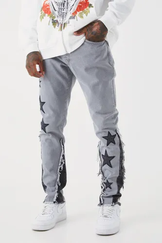 Men's Slim Rigid Star Applique Gusset Jeans - Grey - 30R, Grey