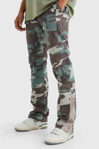 Men's Slim Stacked Gusset Flare Multi Cargo Camo Trouser - Brown - 32, Brown