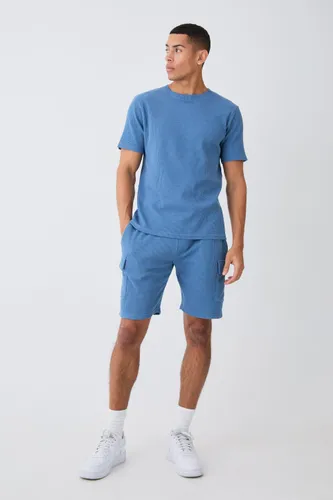 Men's Slim Waffle T-Shirt & Cargo Short Set - Blue - L, Blue