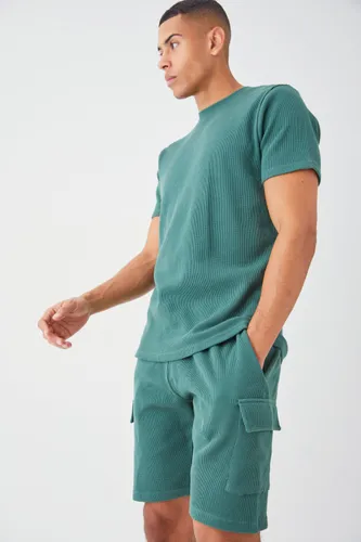 Men's Slim Waffle T-Shirt & Cargo Short Set - Green - L, Green
